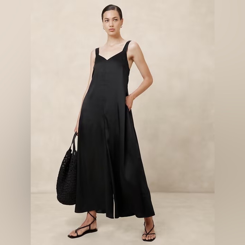 NWT! Banana Republic Black Silky Twill Wide-Leg Jumpsuit - 451544 XS 🗺️4️⃣
